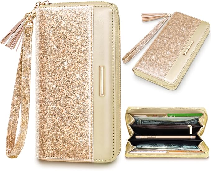 RFID Blocking Clutch Wallet w/Wrist Strap and Tassel, Glitter Leather  (5 colors)