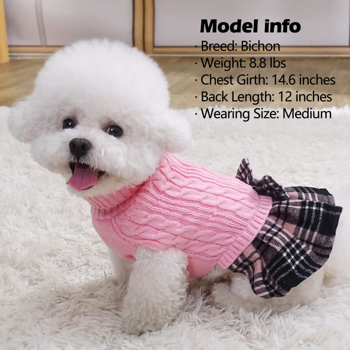 Dog Sweater, Pink Cable Knit & Gingham Plaid Print w/Bowtie Pullover Dress, 6 Sizes, Up to 80lbs