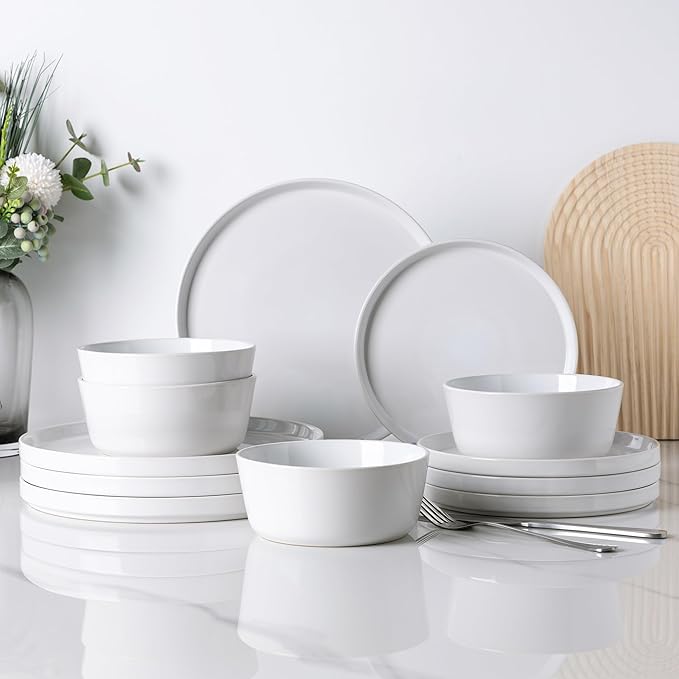 12 Piece Dinnerware Set, Ceramic Plates and Bowls, Handpainted Stoneware, Service for 4  (9 colors)