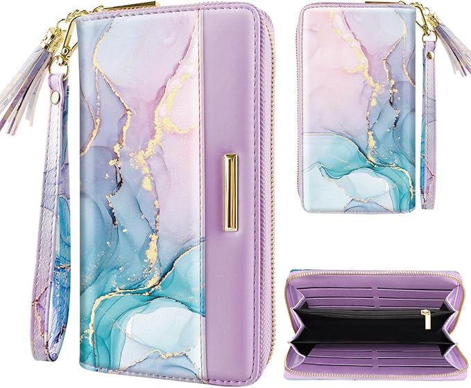 RFID Blocking Clutch Wallet w/Wrist Strap, Watercolors w/Gold Marble  (4 colors)