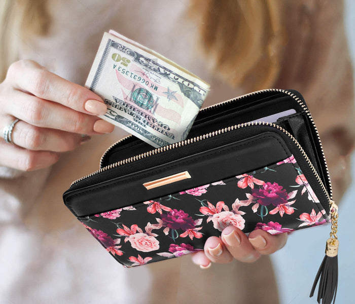 RFID Blocking Clutch Wallet w/Wrist Strap, Roses on Black