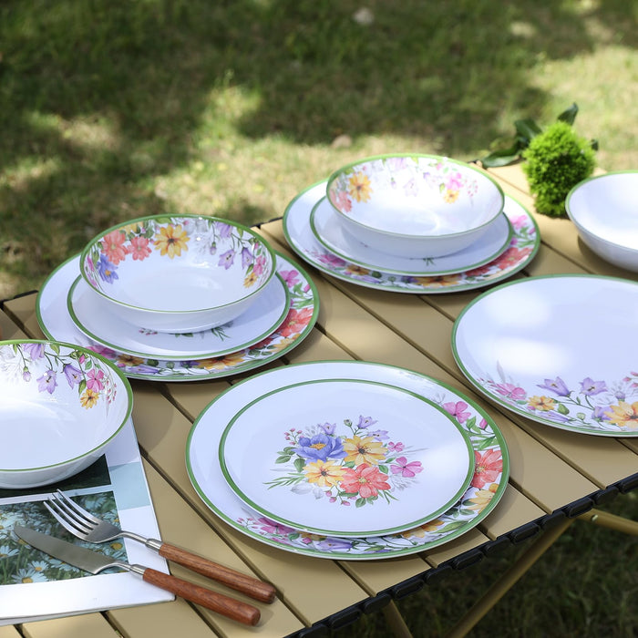 12-Pc Melamine Spring Flowers Dinnerware Set, Flowers & Butterflies, BPA-Free, Service for 4