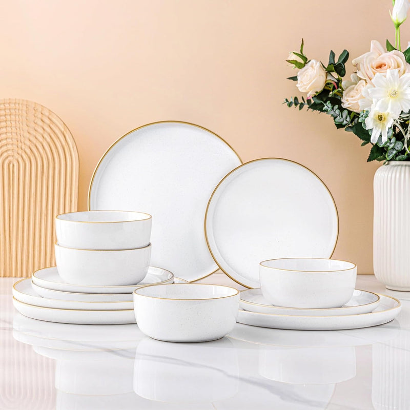 12 Piece Dinnerware Set, Ceramic Plates and Bowls, Handpainted Stoneware, Service for 4  (9 colors)