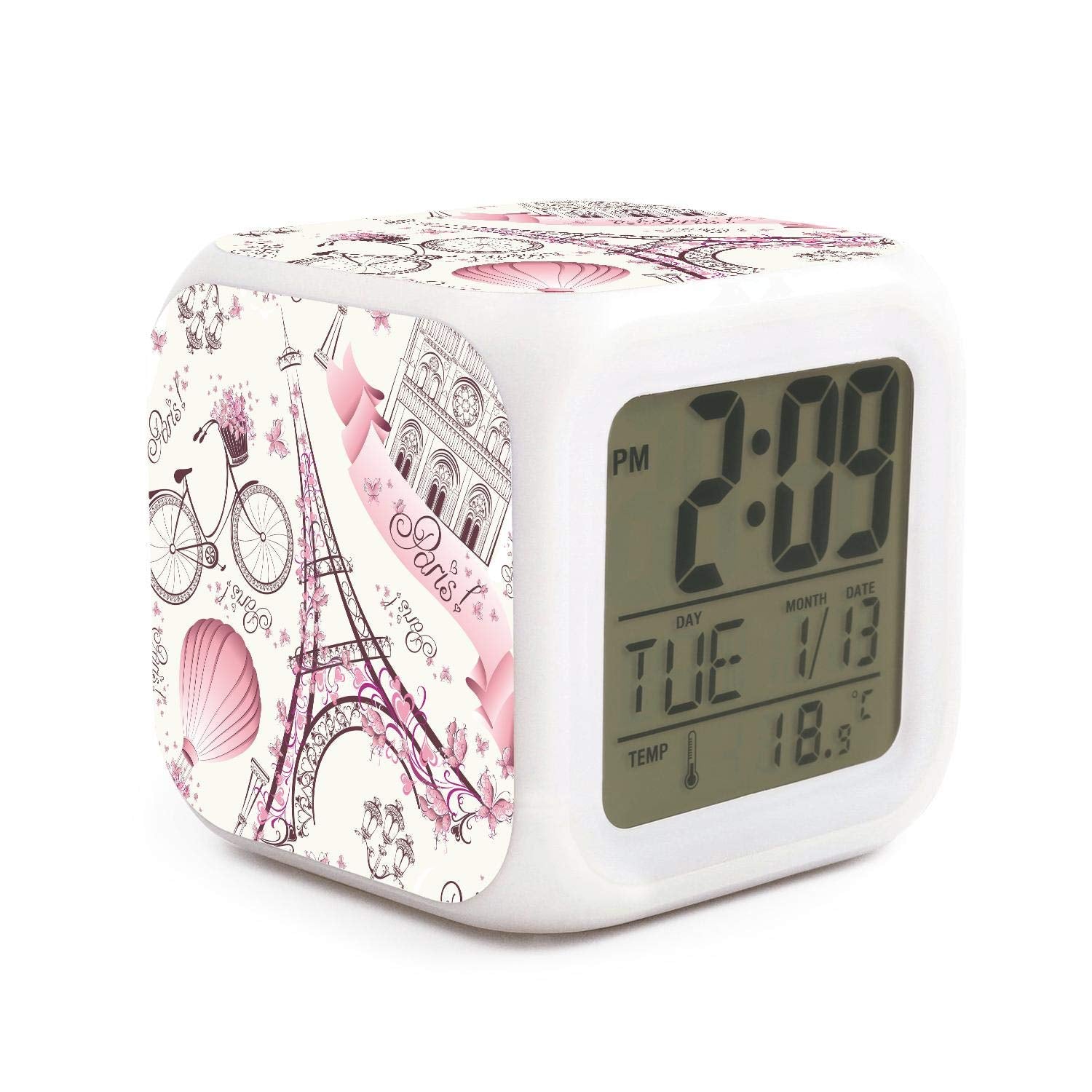 Romantic Paris Eiffel Tower Home Decor Alarm Clock for Kids Bedroom w/Temperature Display, Pink and White