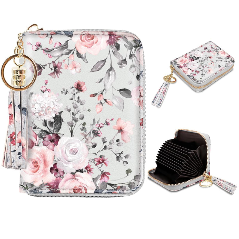 RFID Blocking Pocket Wallet and Card Holder with Tassel, Pink and Gray Flowers