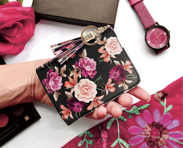 RFID Blocking Pocket Wallet and Card Holder with Tassel, Roses on Black