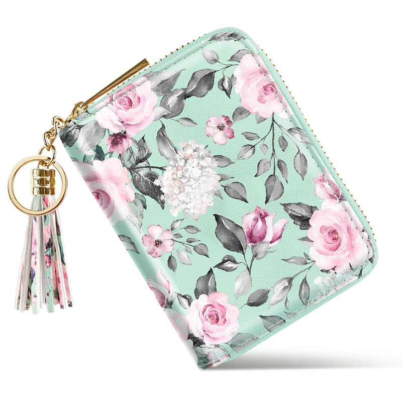 RFID Blocking Pocket Wallet and Card Holder with Tassel, Roses on Green