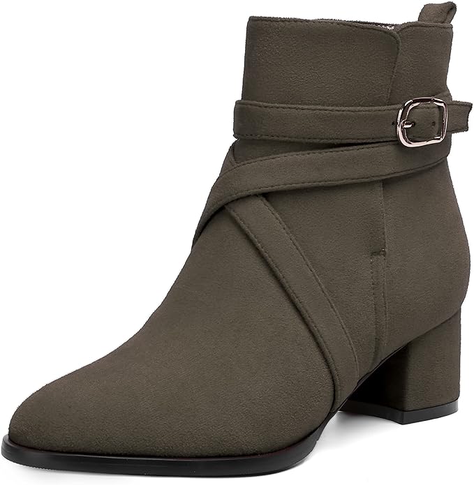 Women's Round Toe Suede Ankle Boots w/Straps and Buckle Accents, Low Chunky Heel  (24 colors)