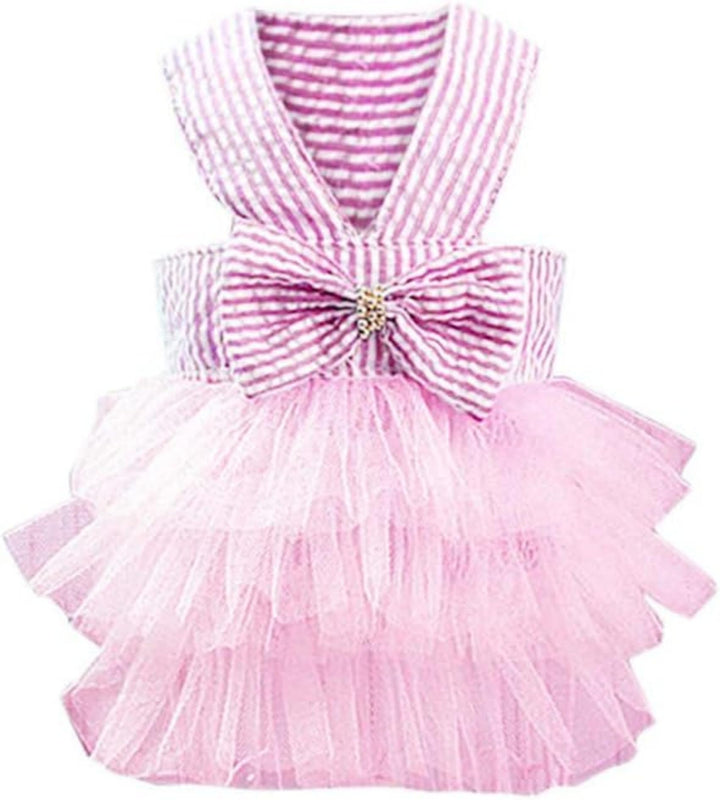 Fashion Striped Pink or Blue Dog Dress w/Mesh Tutu Skirt, Sizes XS to 2XL