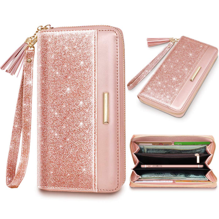 RFID Blocking Clutch Wallet w/Wrist Strap and Tassel, Glitter Leather  (5 colors)