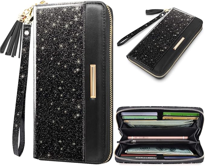 RFID Blocking Clutch Wallet w/Wrist Strap and Tassel, Glitter Leather  (5 colors)