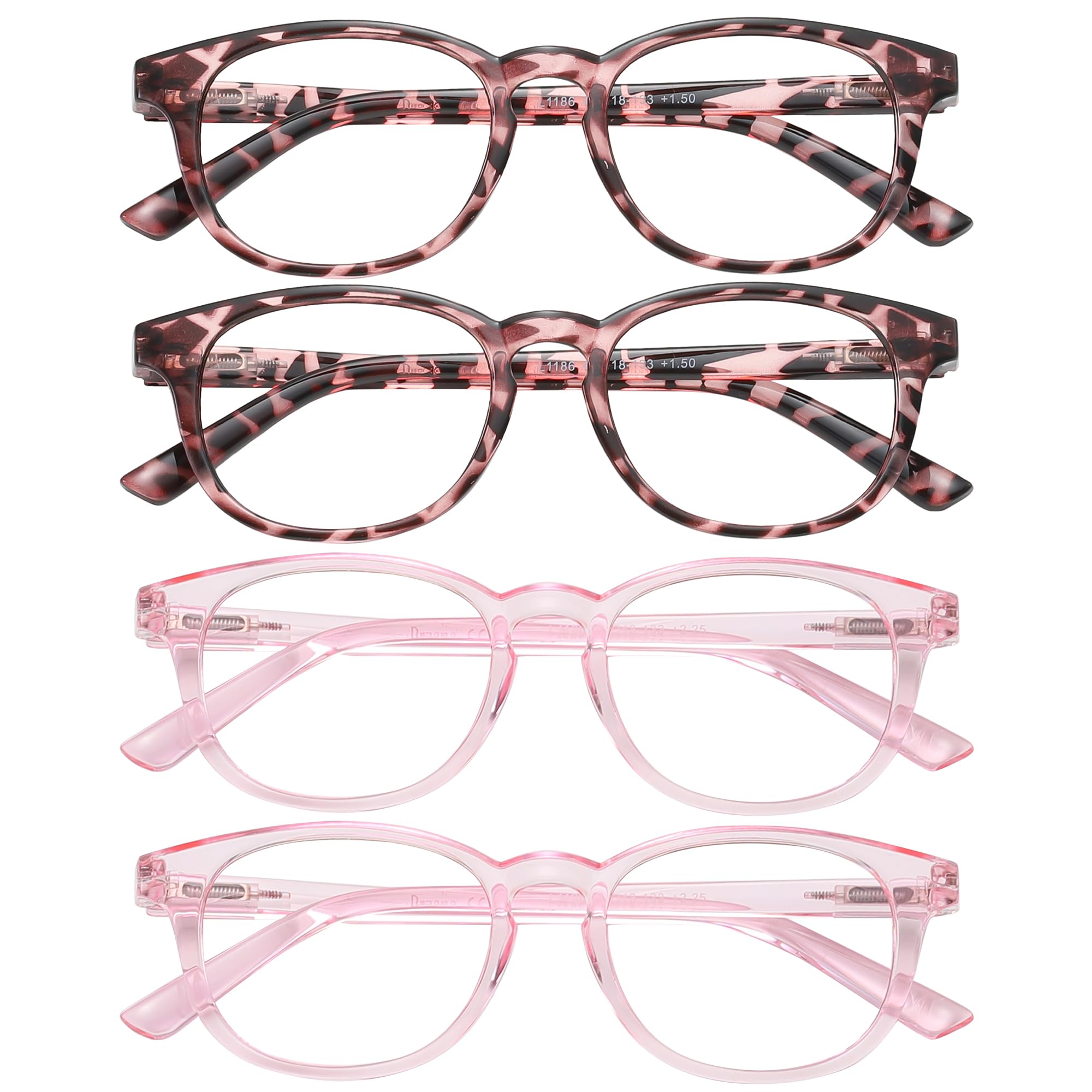 4 Pack Unisex Reading Glasses, Blue Light Blockers, Oval Frame, Spring Hinge  (2 colors)