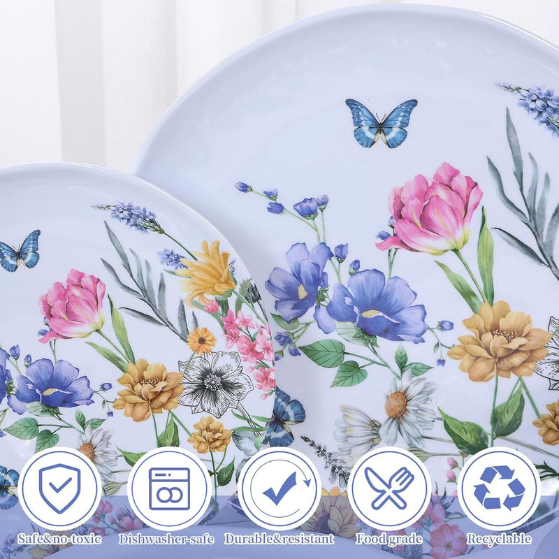 12-Pc Melamine Floral Dinnerware Set, Flowers & Butterflies, BPA-Free, Service for 4