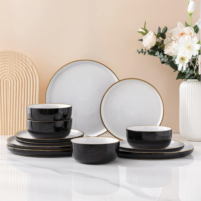 12 Piece Dinnerware Set, Ceramic Plates and Bowls, Handpainted Stoneware, Service for 4  (9 colors)