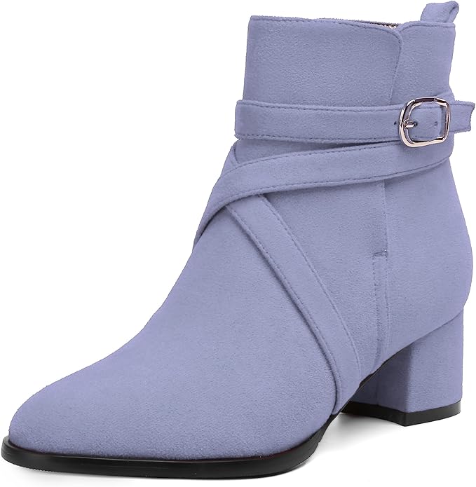 Women's Round Toe Suede Ankle Boots w/Straps and Buckle Accents, Low Chunky Heel  (24 colors)