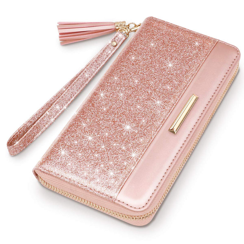 RFID Blocking Clutch Wallet w/Wrist Strap and Tassel, Glitter Leather  (5 colors)