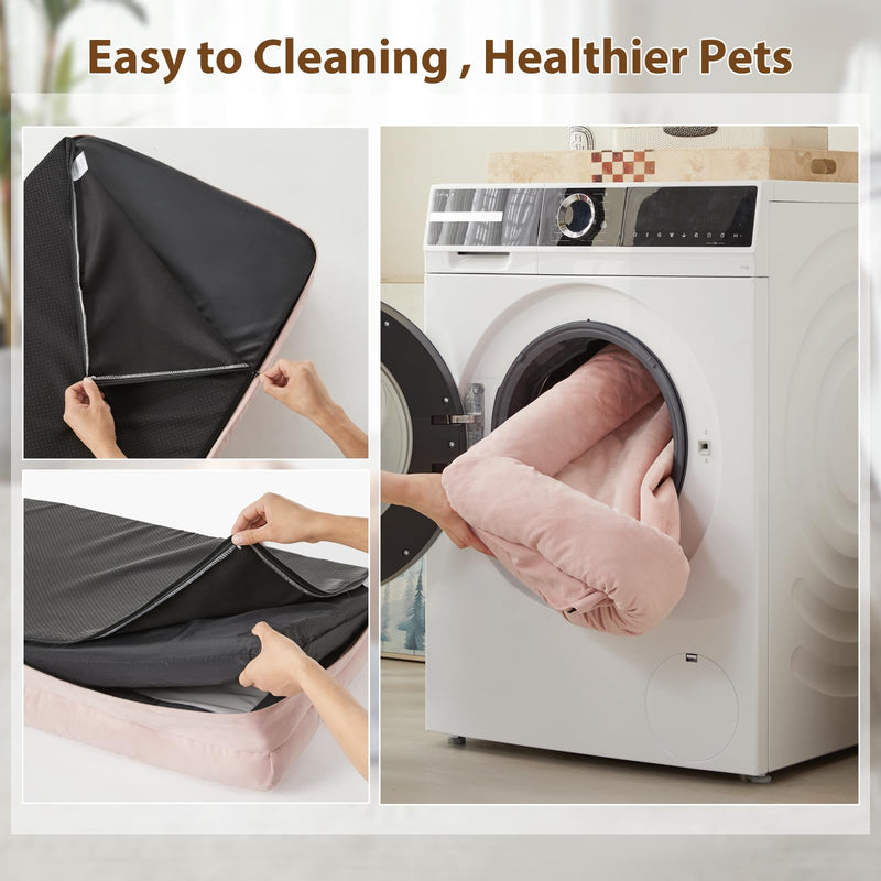 Washable Dog Bed with Sides, Soft Mats, Removable Cover & Waterproof Pet Mat, 5 Sizes, Pink