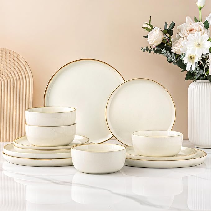 12 Piece Dinnerware Set, Ceramic Plates and Bowls, Handpainted Stoneware, Service for 4  (9 colors)