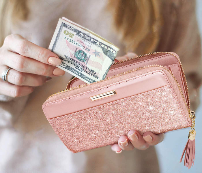 RFID Blocking Clutch Wallet w/Wrist Strap and Tassel, Glitter Leather  (5 colors)