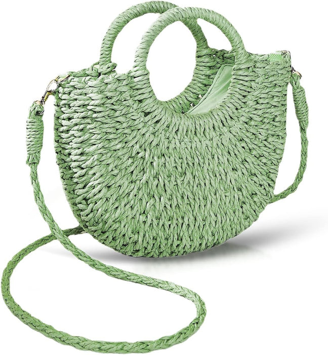 Handwoven Summer Tote Bag, Semi-Circle Rattan Straw Shoulder Crossbody Purse  (10 colors)