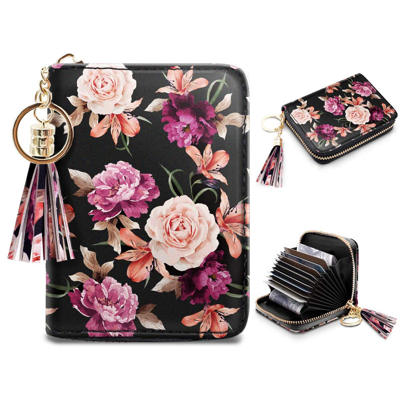 RFID Blocking Pocket Wallet and Card Holder with Tassel, Roses on Black