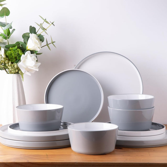 12 Piece Dinnerware Set, Ceramic Plates and Bowls, Handpainted Stoneware, Service for 4  (9 colors)