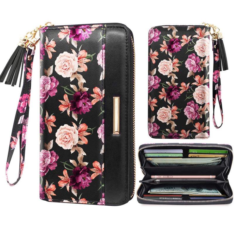 RFID Blocking Clutch Wallet w/Wrist Strap, Roses on Black