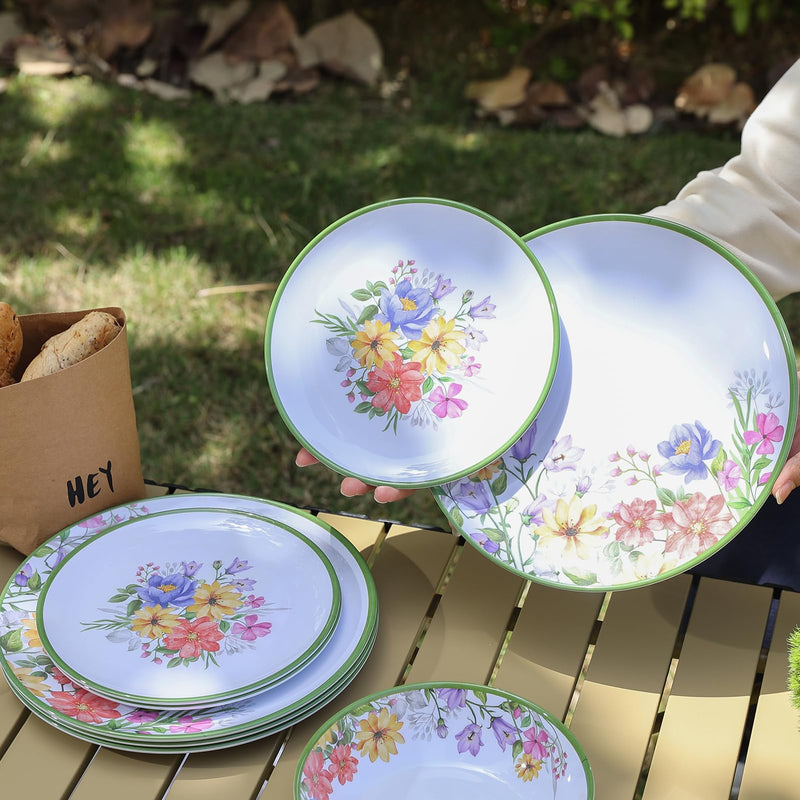 12-Pc Melamine Spring Flowers Dinnerware Set, Flowers & Butterflies, BPA-Free, Service for 4