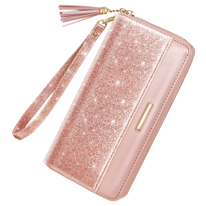 RFID Blocking Clutch Wallet w/Wrist Strap and Tassel, Glitter Leather  (5 colors)