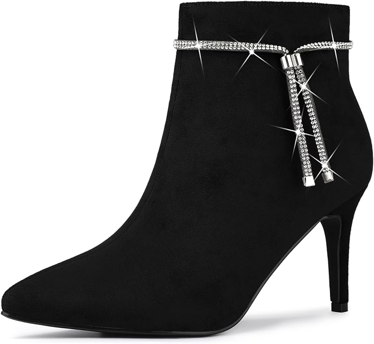 Women's Suede Ankle Boot with Rhinestone Accents, Pointed Toe, Stiletto Heel  (5 colors)