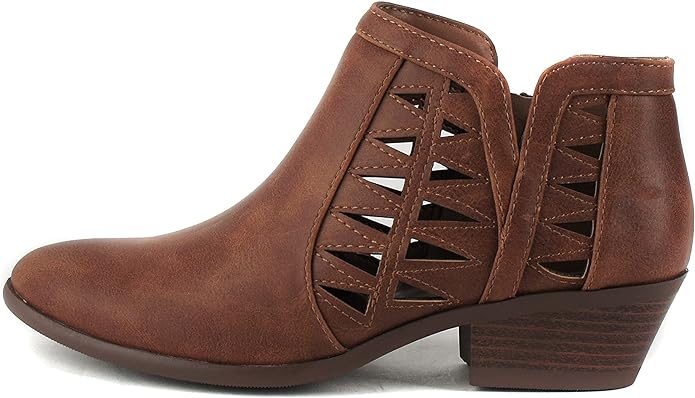 Women's Lattice Cut Out Leather Ankle Boot, Low Block Heel  (12 colors)