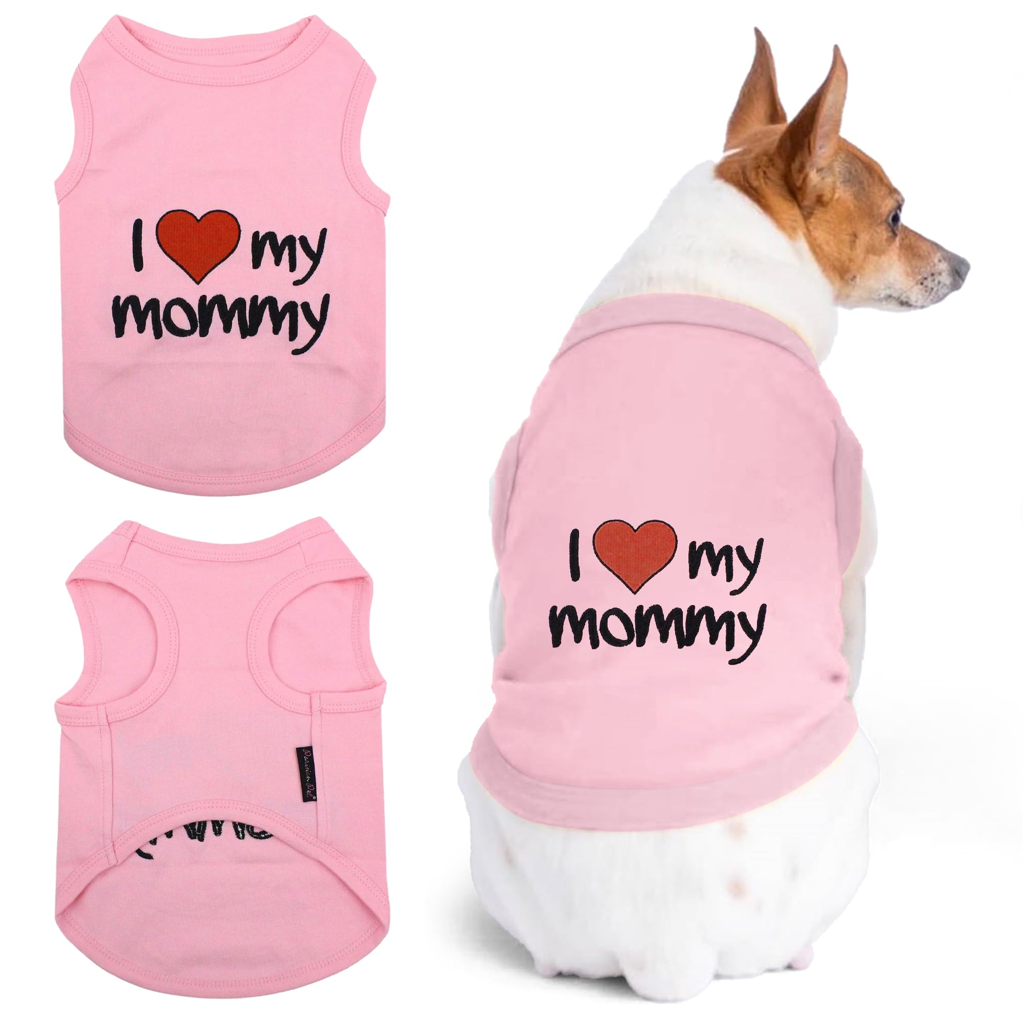 "I Love My Mommy" Embroidered Sleeveless Pet T-Shirt Vest, Sizes Small to 5XL or 140lbs, Pink or Gray