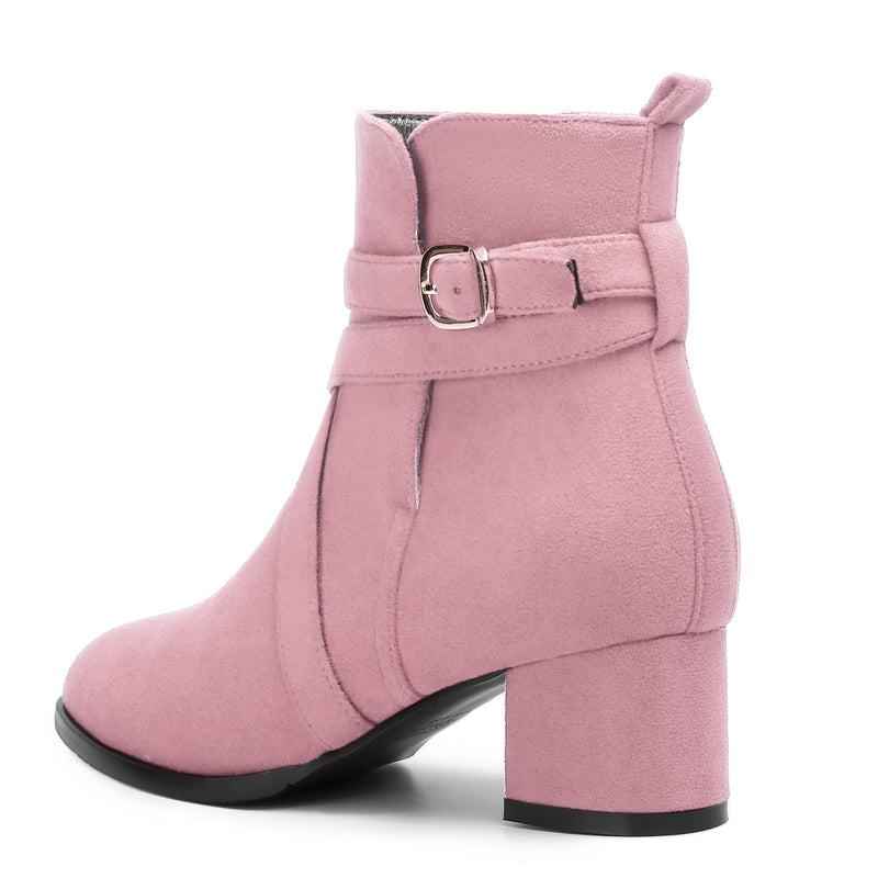 Women's Round Toe Suede Ankle Boots w/Straps and Buckle Accents, Low Chunky Heel  (24 colors)