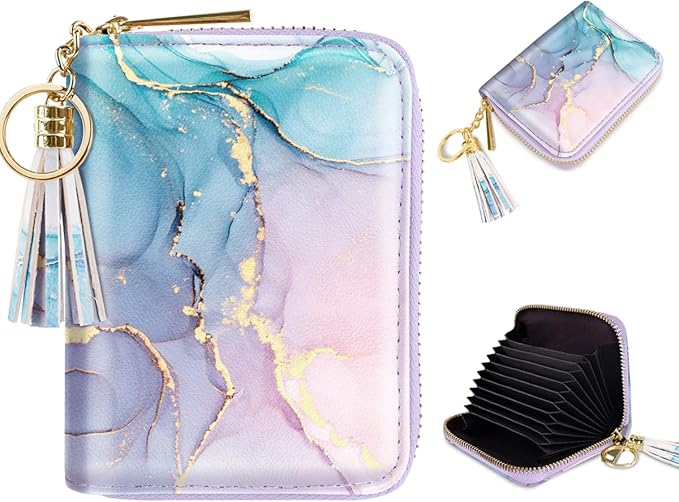 RFID Blocking Pocket Wallet and Card Holder with Tassel, Watercolor w/Gold Marble  (6 colors)