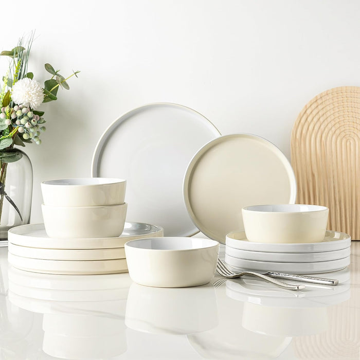 12 Piece Dinnerware Set, Ceramic Plates and Bowls, Handpainted Stoneware, Service for 4  (9 colors)