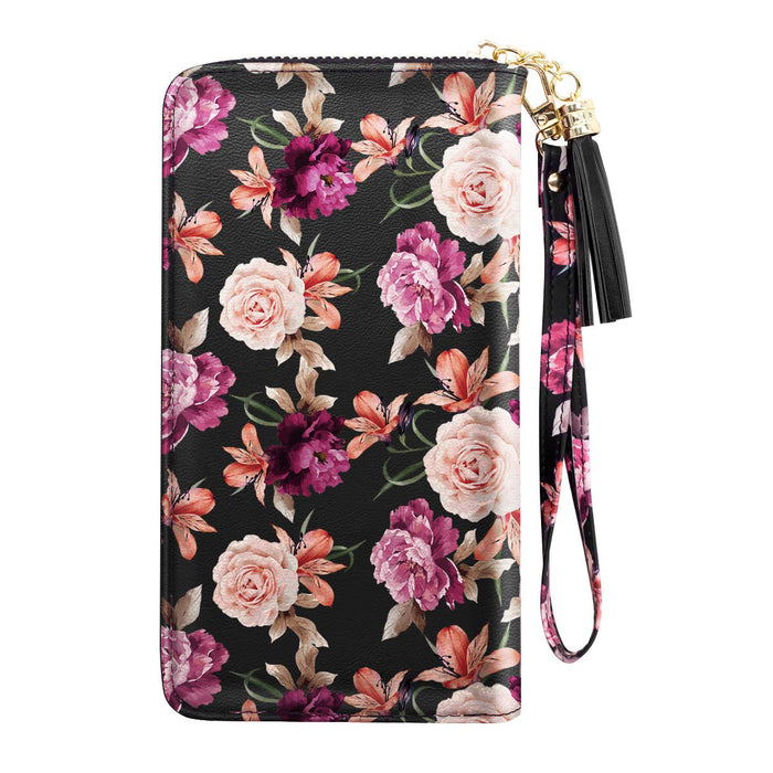 RFID Blocking Clutch Wallet w/Wrist Strap, Roses on Black