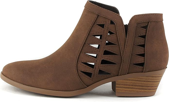 Women's Lattice Cut Out Leather Ankle Boot, Low Block Heel  (12 colors)