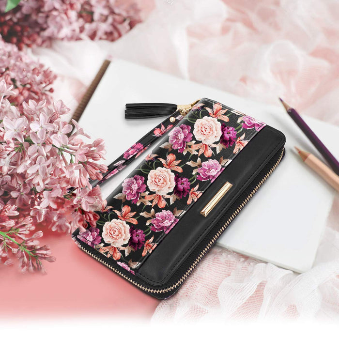 RFID Blocking Clutch Wallet w/Wrist Strap, Roses on Black