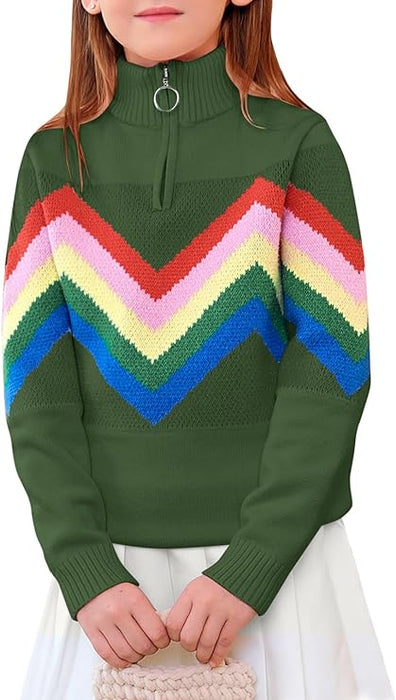 Girls Rainbow Pullover Sweater, Long Sleeve Zip Up High Neck Pullover  (4 colors)