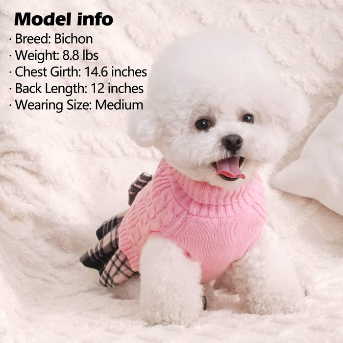 Dog Sweater, Pink Cable Knit & Gingham Plaid Print w/Bowtie Pullover Dress, 6 Sizes, Up to 80lbs