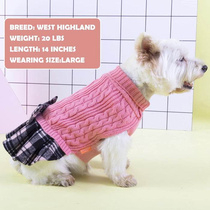 Dog Sweater, Pink Cable Knit & Gingham Plaid Print w/Bowtie Pullover Dress, 6 Sizes, Up to 80lbs