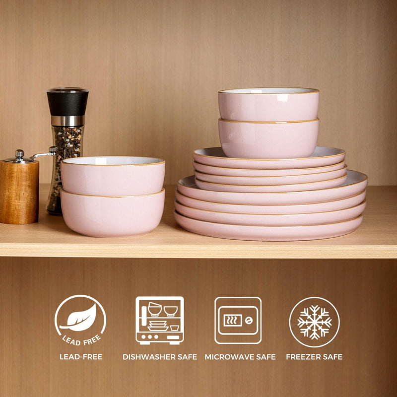 12 Piece Dinnerware Set, Ceramic Plates and Bowls, Handpainted Stoneware, Service for 4  (9 colors)