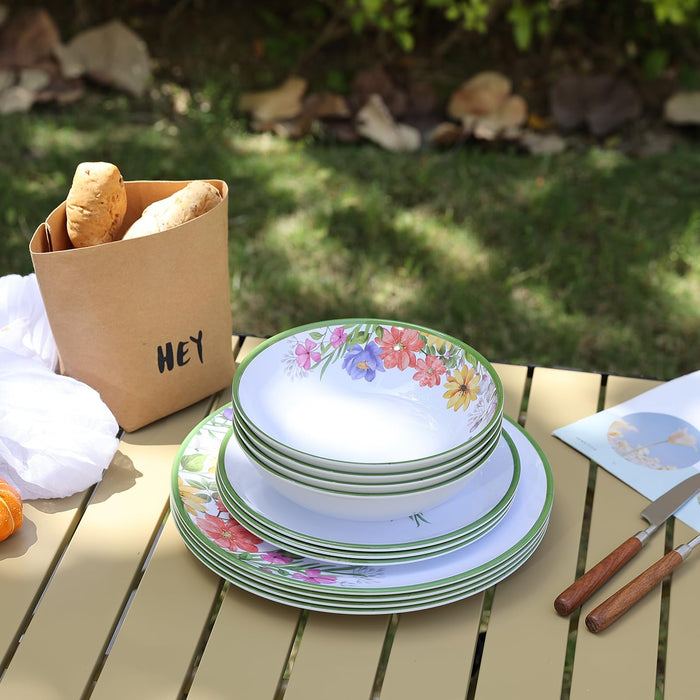 12-Pc Melamine Spring Flowers Dinnerware Set, Flowers & Butterflies, BPA-Free, Service for 4