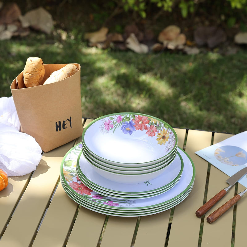 12-Pc Melamine Spring Flowers Dinnerware Set, Flowers & Butterflies, BPA-Free, Service for 4
