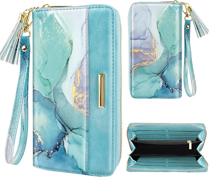 RFID Blocking Clutch Wallet w/Wrist Strap, Watercolors w/Gold Marble  (4 colors)