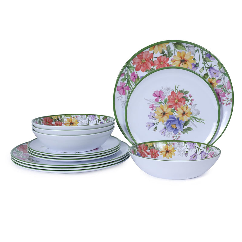 12-Pc Melamine Spring Flowers Dinnerware Set, Flowers & Butterflies, BPA-Free, Service for 4