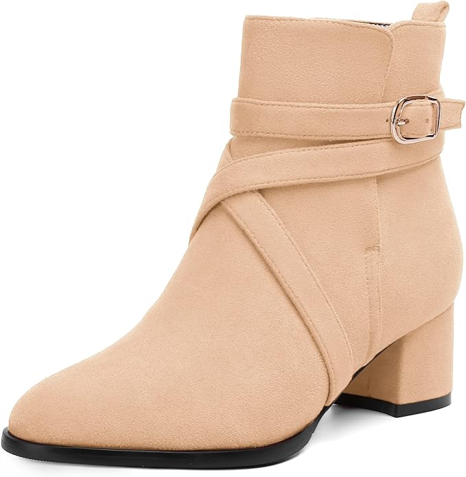 Women's Round Toe Suede Ankle Boots w/Straps and Buckle Accents, Low Chunky Heel  (24 colors)