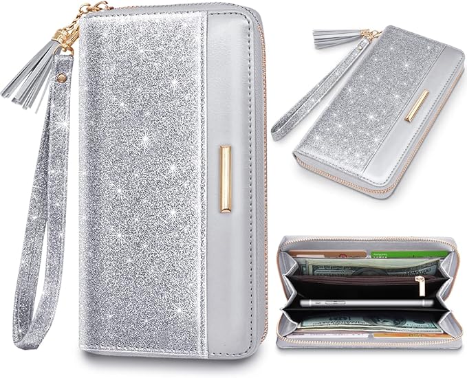 RFID Blocking Clutch Wallet w/Wrist Strap and Tassel, Glitter Leather  (5 colors)