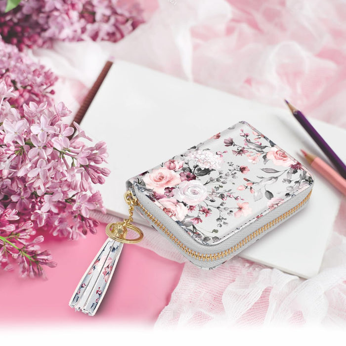 RFID Blocking Pocket Wallet and Card Holder with Tassel, Pink and Gray Flowers