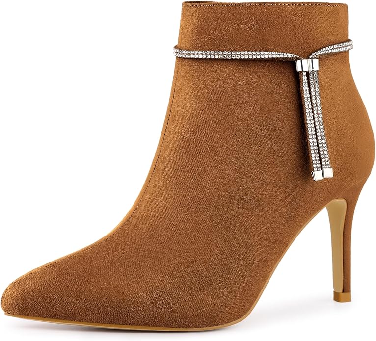 Women's Suede Ankle Boot with Rhinestone Accents, Pointed Toe, Stiletto Heel  (5 colors)